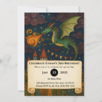 Dragon Vert Respirer Le Feu Sur Le Château Anniver