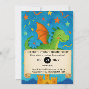 Invitation Dragon Vert Volant au-Dessus d'un Château Étoilé p