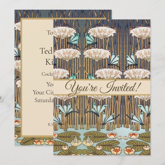 Invitation Dragonflies Water Lilies Marais Art Nouveau (Devant / Derrière)