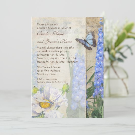Invitation Dragonfly Butterfly Delphinium Couples Douche (Debout devant)