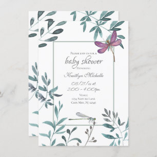 Invitation Dragonfly Garden Green sur le Baby shower blanc