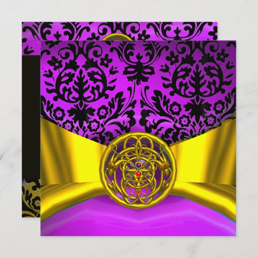 INVITATION DRAGONS JUMEAUX OR POURPRE NOIR DAMASSÉ MONOGRAMME (Devant / Derrière)