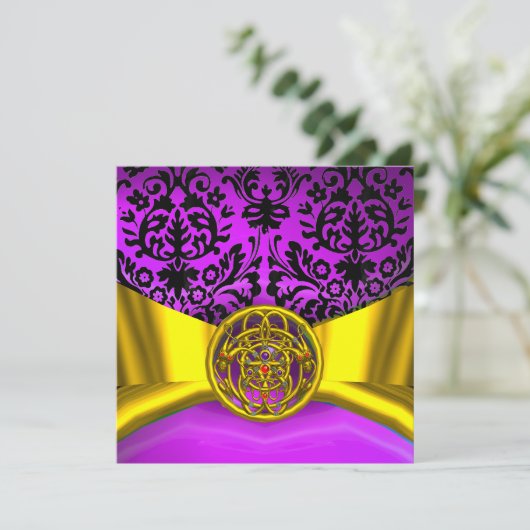 INVITATION DRAGONS JUMEAUX OR POURPRE NOIR DAMASSÉ MONOGRAMME (Debout devant)