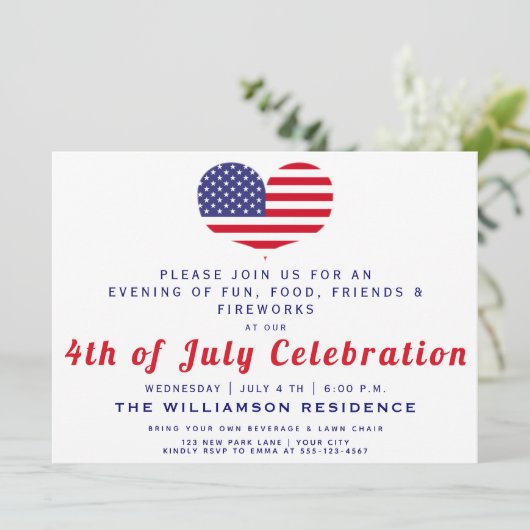 Invitation Drapeau américain en forme de coeur | 4 JUILLET (Debout devant)