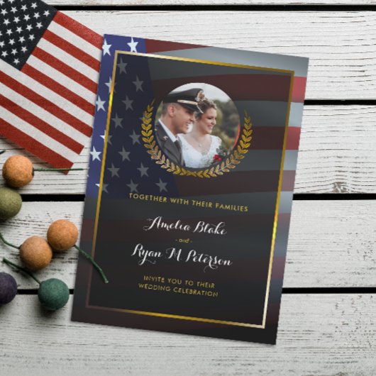 Invitation Drapeau américain | Feuilles Gold Laurel | Mariage