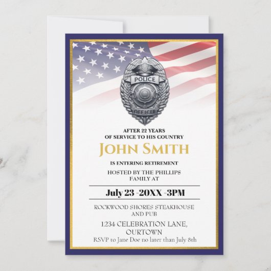 Invitation Drapeau américain/Golden Police Officier Parti de  (Devant)