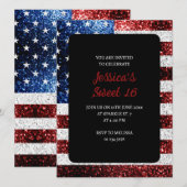 Invitation Drapeau américain rouge blanc brillant parties sci (Devant / Derrière)