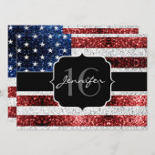 Invitation Drapeau américain rouge blanc brillant parties sci (Devant / Derrière)