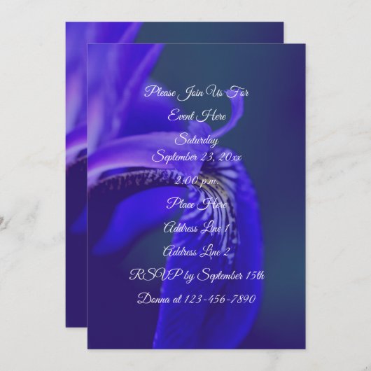 Invitation Drapeau Bleu Iris Fleur Pétale Élégant Parti (Devant / Derrière)