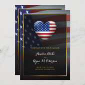 Invitation Drapeau cardiaque américain | Cadre Or | Mariage d (Devant / Derrière)