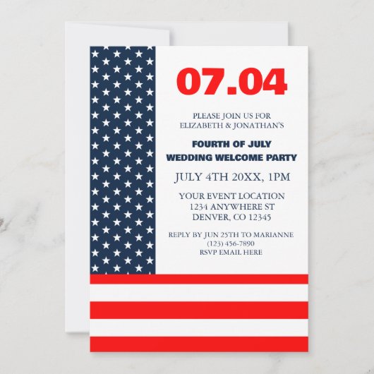 Invitation Drapeau Étoiles et rayures 4 juillet Mariage Bienv (Devant)