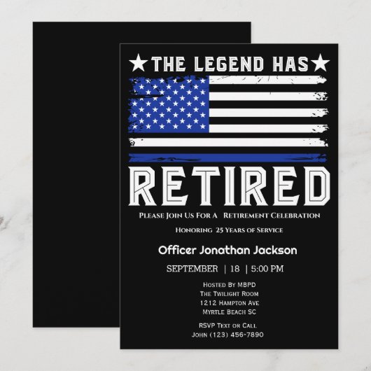 Invitation Drapeau Ligne Bleue Mince Officier de police Retra (Devant / Derrière)