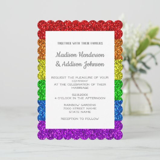 Invitation Drapeau Mariage LGBT vif arc-en-ciel scintillant M (Debout devant)