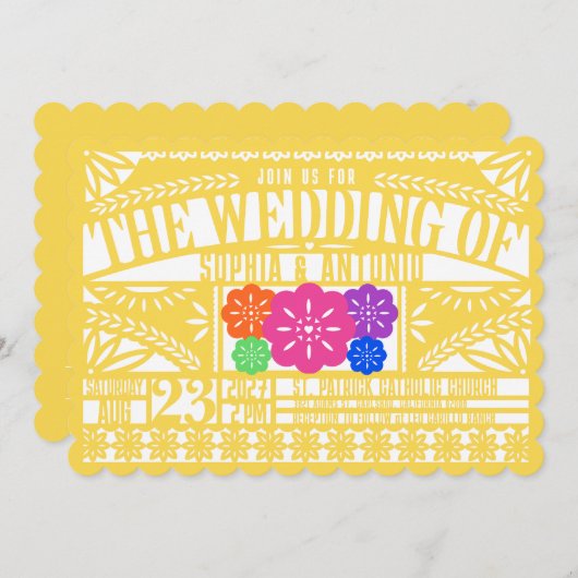 Invitation Drapeau mexicain Fiesta Papel Picado Mariage JAUNE (Devant / Derrière)