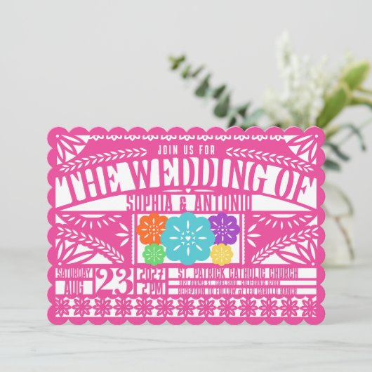 Invitation Drapeau mexicain Fiesta Papel Picado Mariage ROSE (Debout devant)