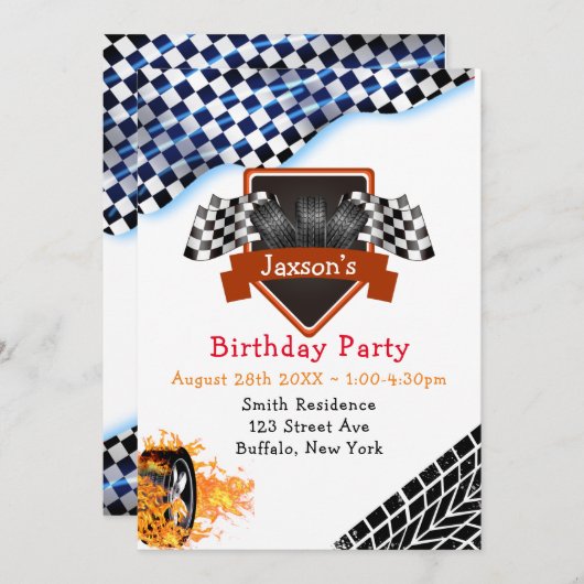 Invitation Drapeau noir blanc À damiers course fête d'anniver (Devant / Derrière)