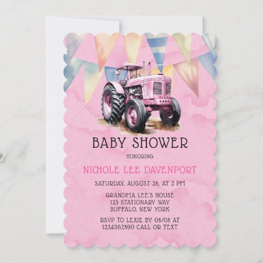 Invitation Drapeau rose Tracteur Baby shower fille d'aquarell (Devant)