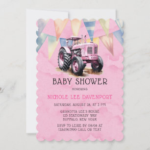 Invitation Drapeau rose Tracteur Baby shower fille d'aquarell