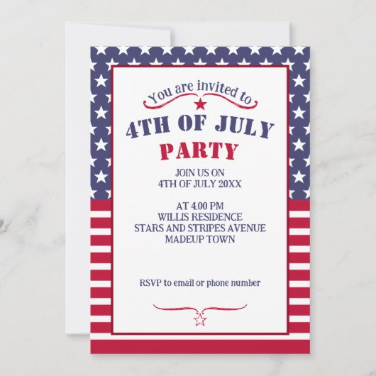 Invitation Drapeau USA bandes étoiles rouges blanches bleues  (Devant)