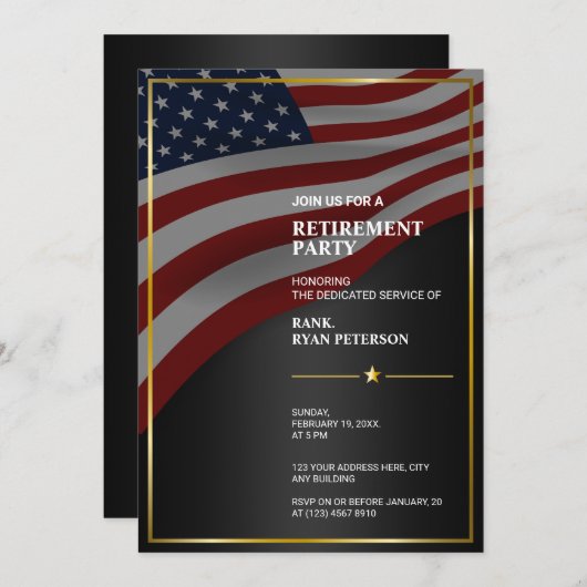 Invitation Drapeau USA | Coin | Cadre doré | Noir de luxe (Devant / Derrière)