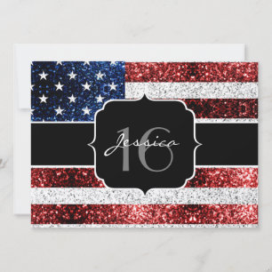 Invitation Drapeau USA rouge blanc bleu paillettes scintillan