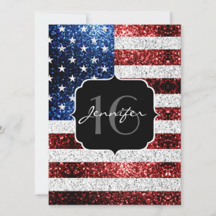 Invitation Drapeau USA rouge blanc bleu paillettes scintillem