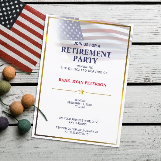 Invitation Drapeau USA | Transparent | Cadre doré | Blanc Lux