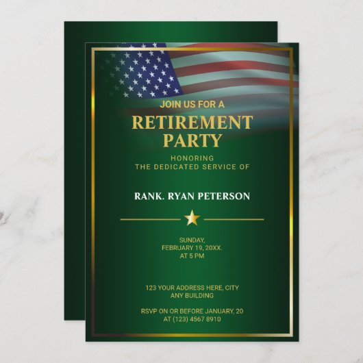 Invitation Drapeau USA | Transparent | Cadre doré | Luxe Vert (Devant / Derrière)