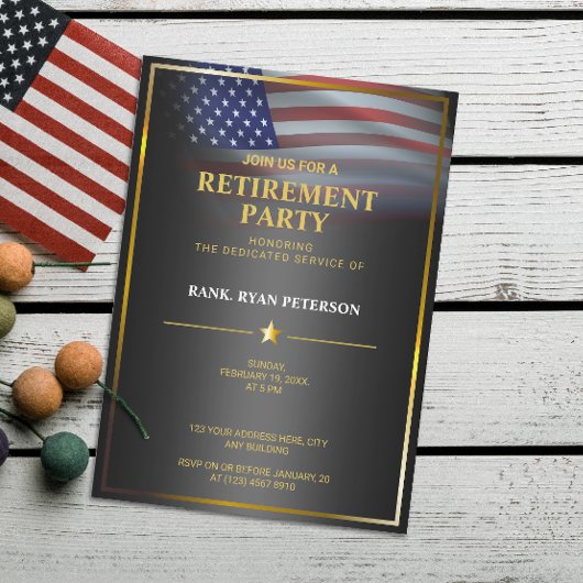 Invitation Drapeau USA | Transparent | Cadre doré | Noir Luxe