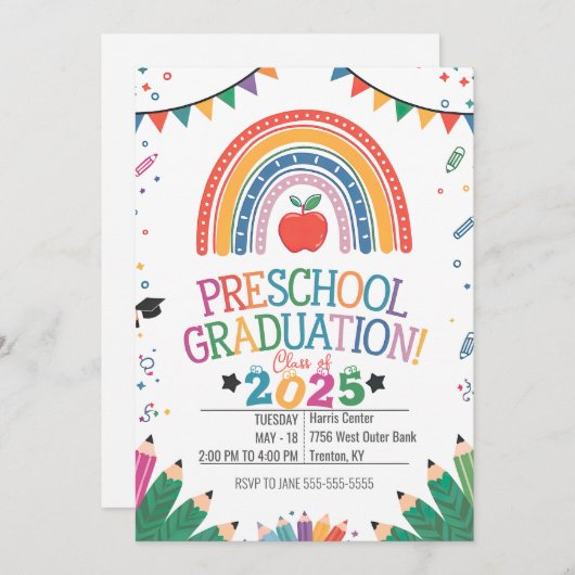 Invitation Drapeaux de Bunting Arc-en-Ciel mignons Diplôme pr (Devant / Derrière)