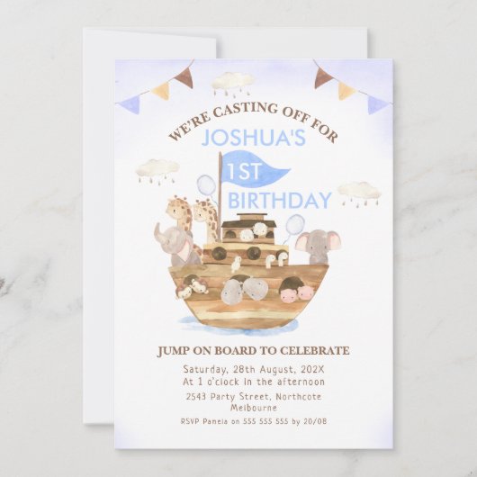 Invitation Drapeaux de Bunting Noah's Ark Boys 1er anniversai (Devant)