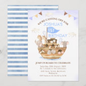 Invitation Drapeaux de Bunting Noah's Ark Boys 1er anniversai (Devant / Derrière)