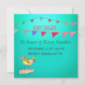 Invitation Drapeaux d'oiseaux jaunes Baby shower bleu Invitat (Devant)