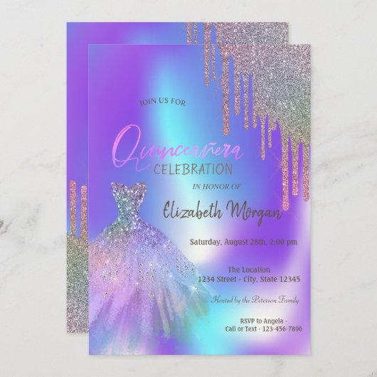 Invitation Draps de Parties scintillant Ombre robe Quinceañer (Devant / Derrière)