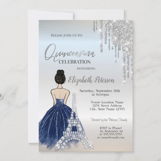 Invitation Draps, Robe Bleue Fille Tour Eiffel Quinceañera (Devant)