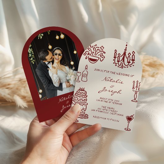 Invitation Drawn Burgundy Romantic Photo Arched Wedding