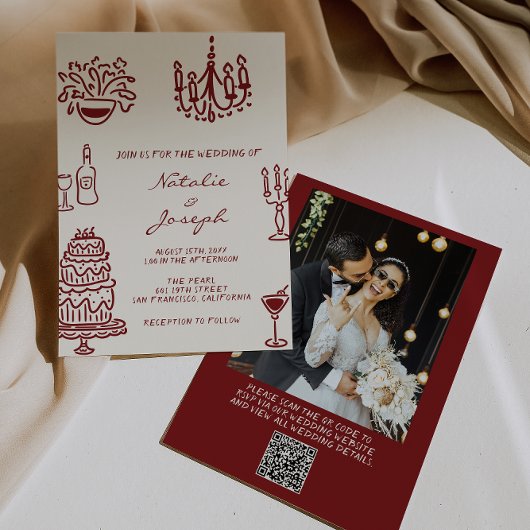 Invitation Drawn Burgundy Whimsical Photo QR Code Wedding