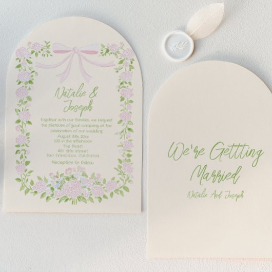 Invitation Drawn Green Pink Bow Floral Summer Arched Wedding