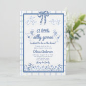 Invitation Drawn Silly Goose blue Gingham Ribbon Baby Shower (Debout devant)