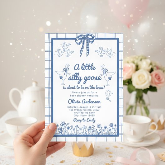 Invitation Drawn Silly Goose blue Gingham Ribbon Baby Shower