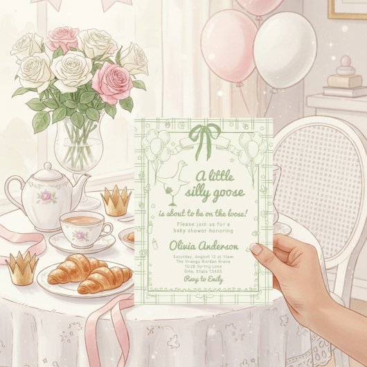Invitation Drawn Silly Goose green Gingham Ribbon Baby Shower