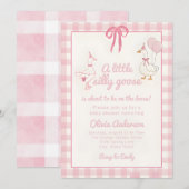 Invitation Drawn Silly Goose pink Gingham Ribbon Baby Shower (Devant / Derrière)