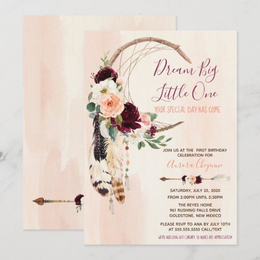 Invitation Dream Big Peach & Burgundy Boho Premier anniversai (Devant / Derrière)