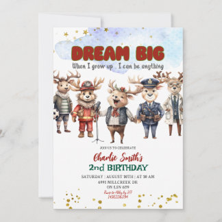 Invitation Dream Big Reindeer Career Theme Kids Birthday