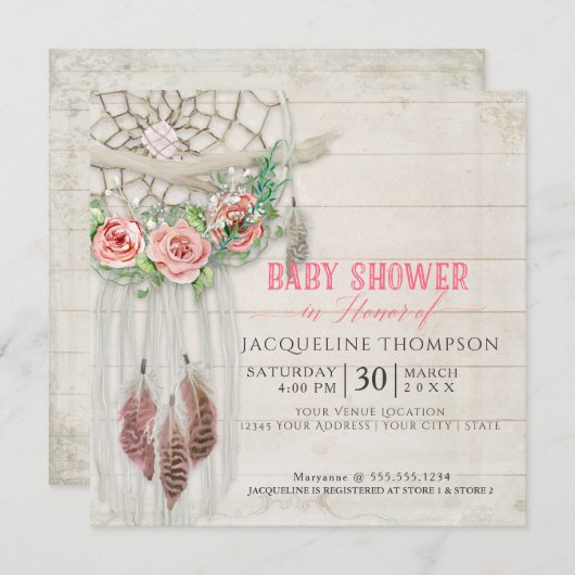 Invitation Dream Catcher Baby shower Girl BOHO Plume en bois (Devant / Derrière)