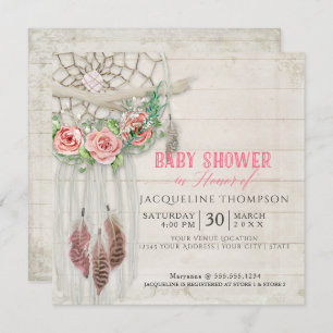 Invitation Dream Catcher Baby shower Girl BOHO Plume en bois