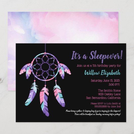Invitation Dream Catcher Sleepover Anniversaire de enfant Par (Devant / Derrière)