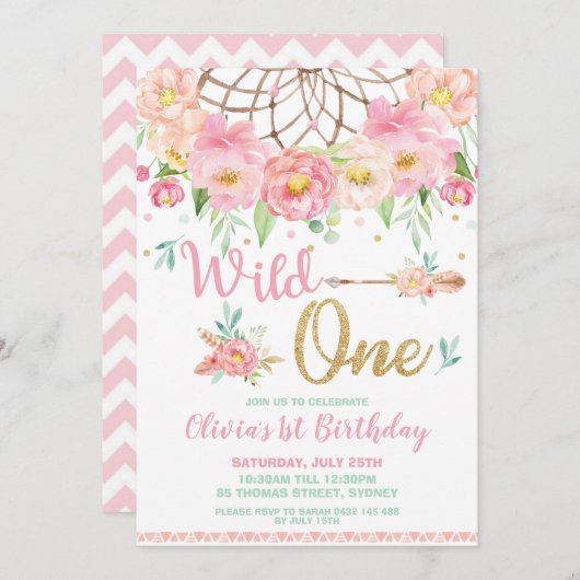 Invitation Dream Catcher Wild One Birthday Boho Floral (Devant / Derrière)