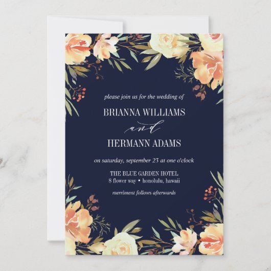 Invitation Dream Peach & Navy | Fancy rustique Flowers mariag (Devant)