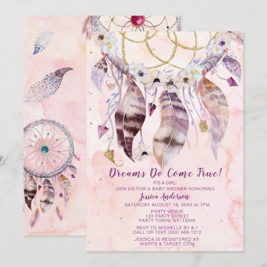 Invitation Dreamcatcher Dream Come True Girl Baby shower (Devant / Derrière)